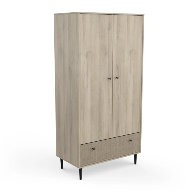 CaliCosy Kledingkast 2 deuren en 1 lade, eiken kronberg decor, rotan en mat zwart saïgon 2930077 large