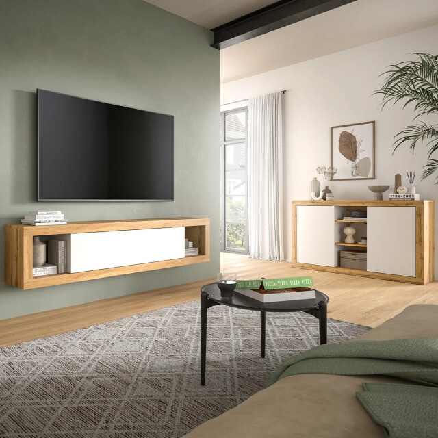 CaliCosy 2-deurs buffetkast met 3 nissen in wit en wotan eik l80 cm matrix 2951211 large