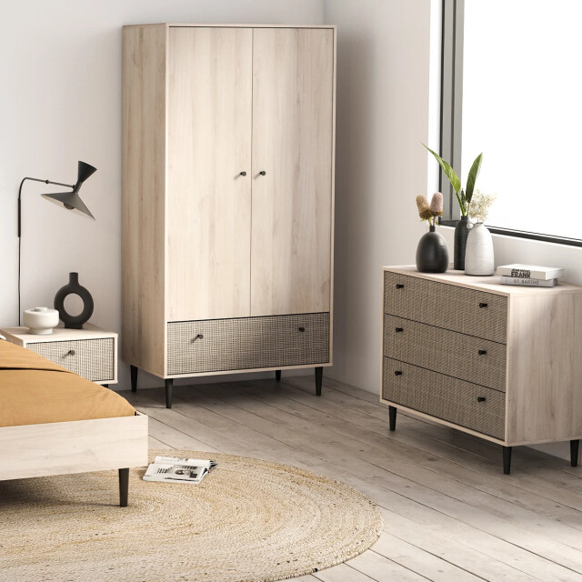 CaliCosy Kledingkast 2 deuren en 1 lade, eiken kronberg decor, rotan en mat zwart saïgon 2930077 large