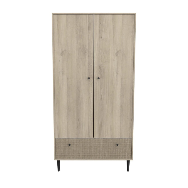 CaliCosy Kledingkast 2 deuren en 1 lade, eiken kronberg decor, rotan en mat zwart saïgon 2930077 large