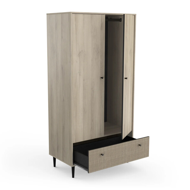 CaliCosy Kledingkast 2 deuren en 1 lade, eiken kronberg decor, rotan en mat zwart saïgon 2930077 large