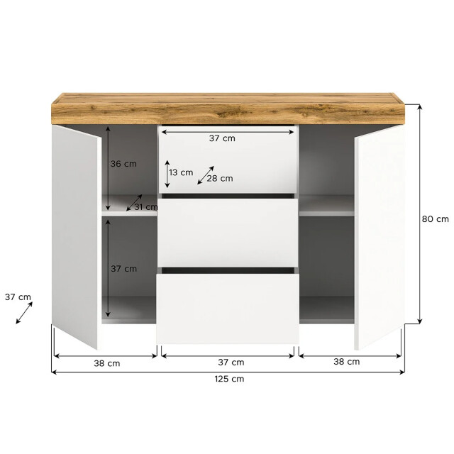 CaliCosy Eiken wit en wotan 2-deurs en 3-lades dressoir, l125 cm malibu 2951205 large