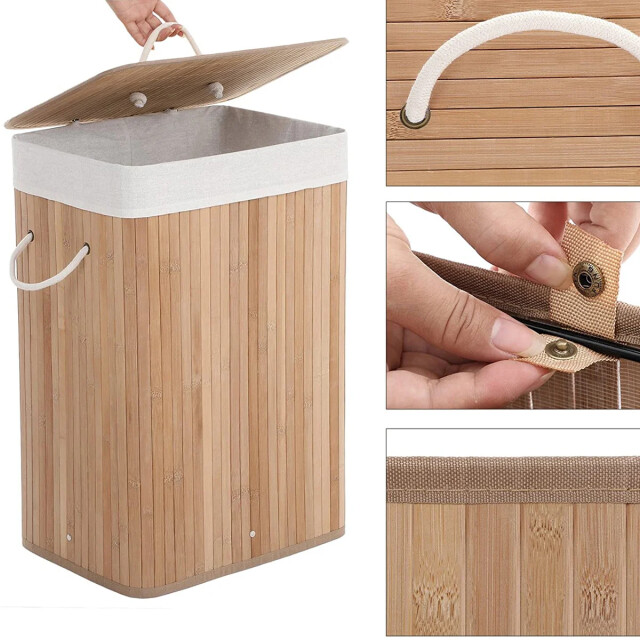 CaliCosy Wasmand inklapbaar van bamboe met 3 handvatten, 72l l40 x h60 cm 2929409 large