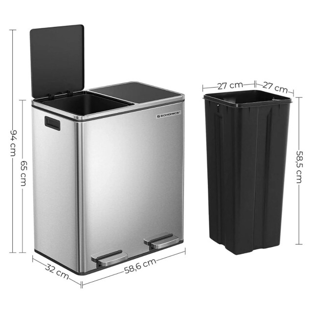 CaliCosy Afvalbak met 2 compartimenten van 30l met zilvergrijze pedaal 2930209 large