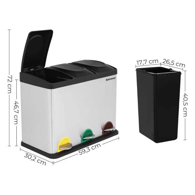 CaliCosy Afvalsorteerbak met 3 pedaalemmers van 45l in zilvergrijs 2929488 large