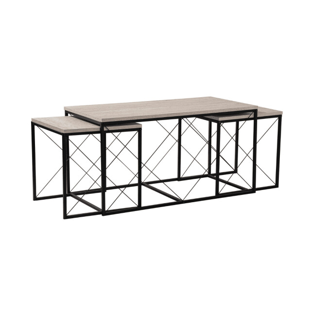 CaliCosy Set van 3 nestbare salontafels, travertin decor en zwart metaal l100 cm defne 3061979 large