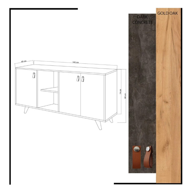 CaliCosy Buffet 3 deuren en 2 nissen in eiken en antracietgrijze steendecor l140 cm - 2930445 large