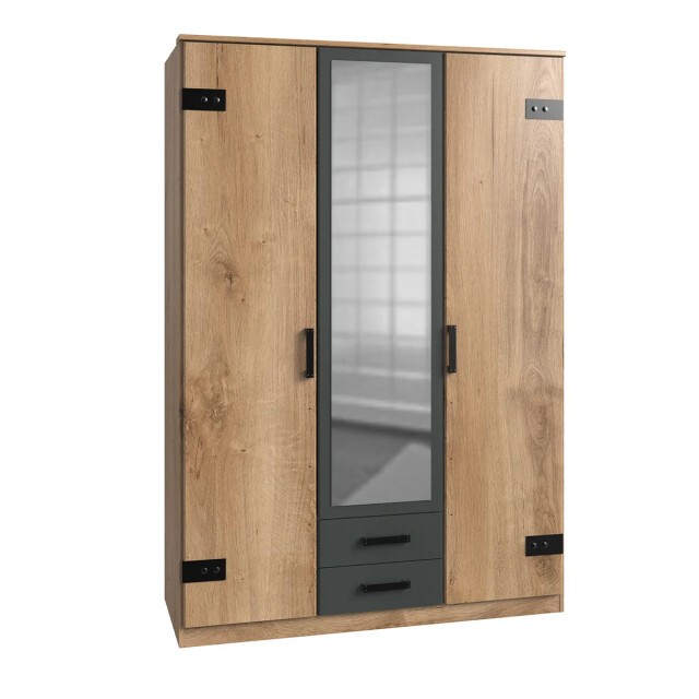 CaliCosy Kast met 2 deuren, eikenhouten decor, 1 spiegeldeur en 2 laden h198 cm 2930624 large