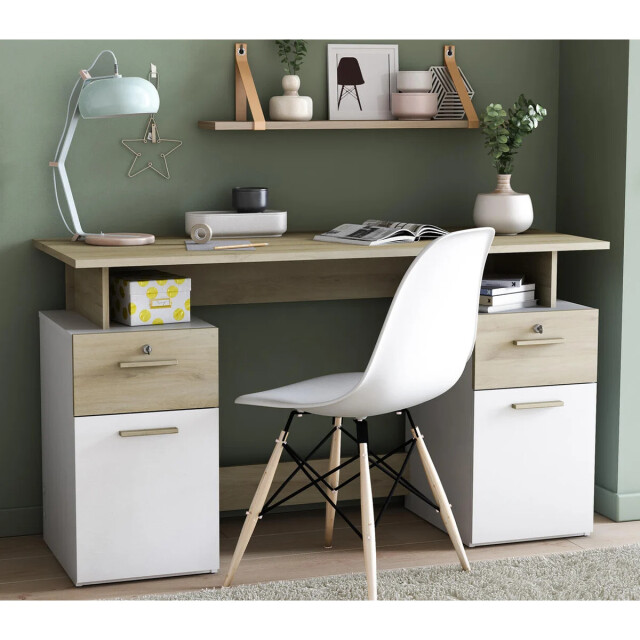 CaliCosy Dubbel ladeblok bureau, hout en wit decor l134,8 cm platon 2931885 large