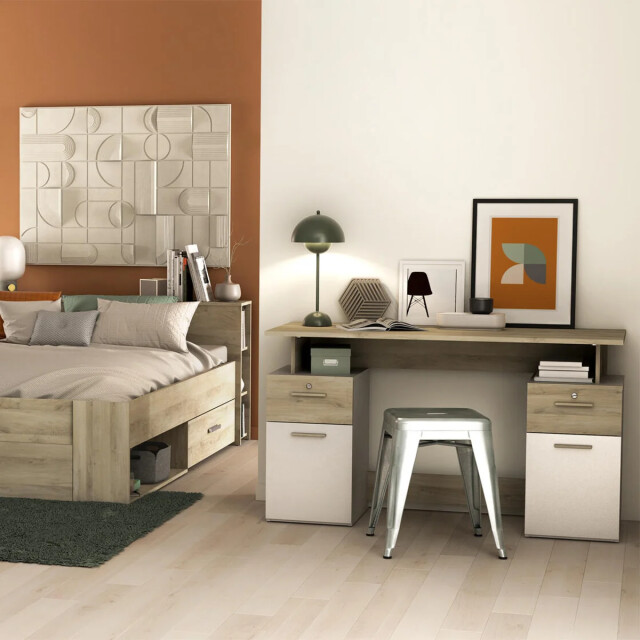CaliCosy Dubbel ladeblok bureau, hout en wit decor l134,8 cm platon 2931885 large