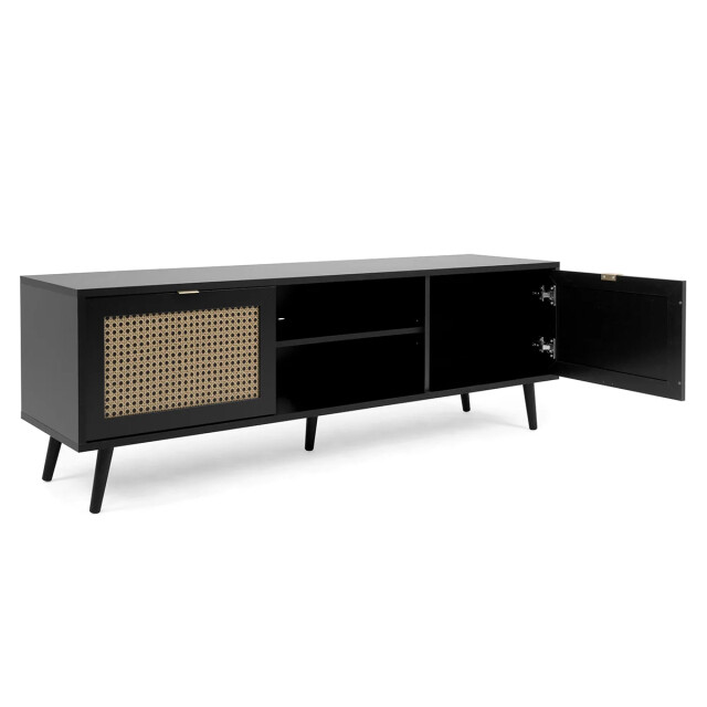CaliCosy Tv-meubel met 2 deuren, 2 neerklapbare fronten, rotanprint en zwart villa - 2930023 large