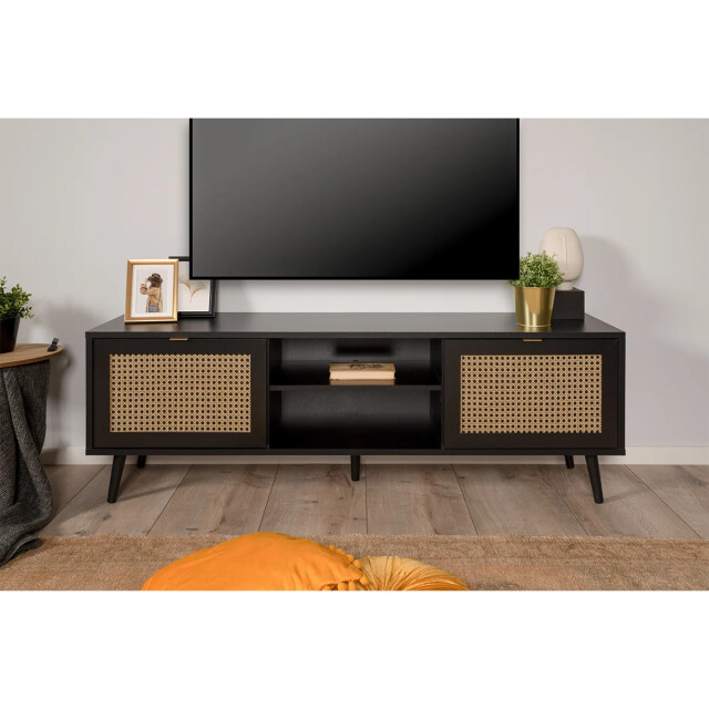 CaliCosy Tv-meubel met 2 deuren, 2 neerklapbare fronten, rotanprint en zwart villa - 2930023 large
