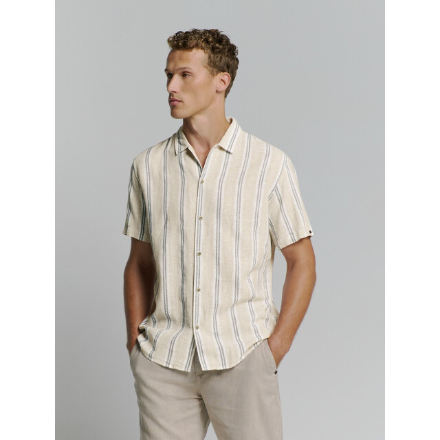 No Excess Shirt short lseeve bobby vertical stripe with linen zand dessin 5319.06.0005 large