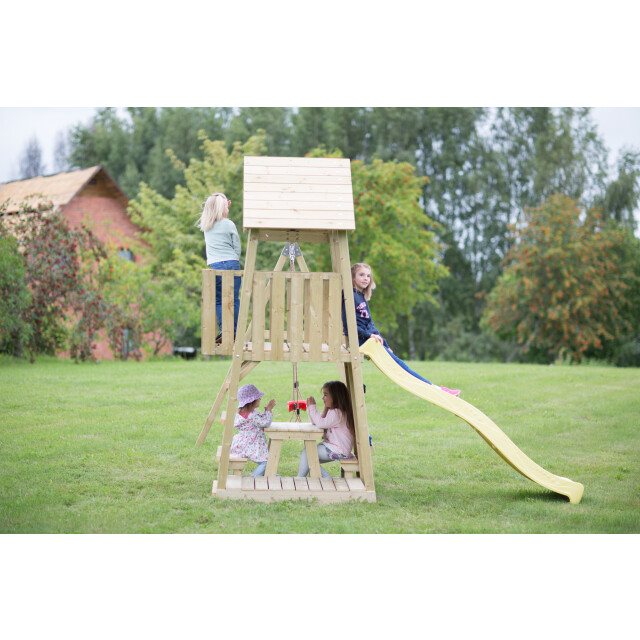 Wendi Toys Houten speeltoren giraffe met glijbaan, klimwand, 2 schommels & 3170980 large