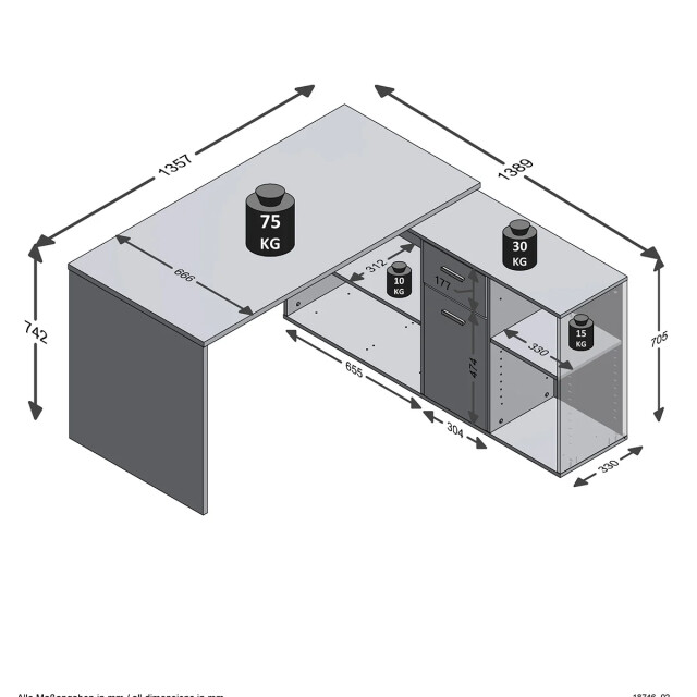 CaliCosy Hoekbureau met moduleerbaar bureau, ladekast en opbergplanken lex 2937015 large
