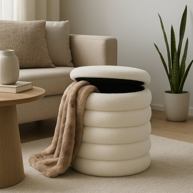 Casa di Elturo Opbergpoef teddy poef donut – beige wit – Ø 37 x h 43,5 cm 3037738 large