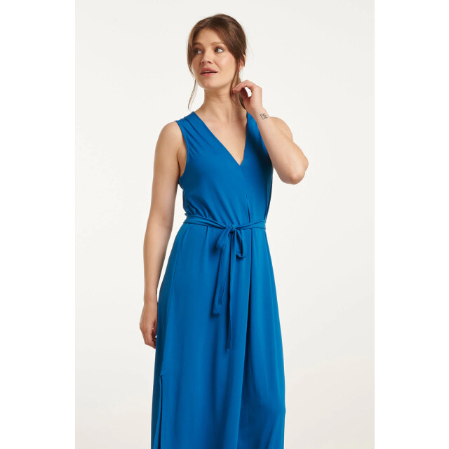 Smashed Lemon 25173 cobalt stretch midi jurk met v-hals | 25173-650-M large
