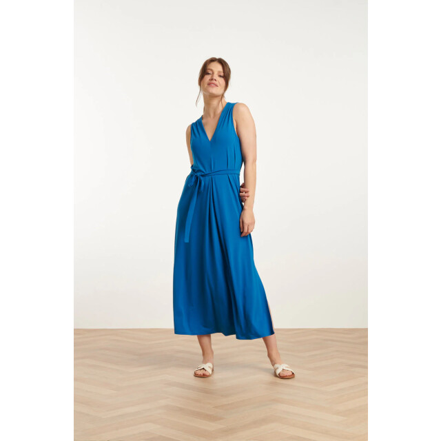 Smashed Lemon 25173 cobalt stretch midi jurk met v-hals | 25173-650-M large