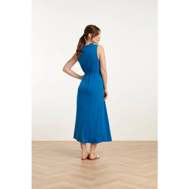 Smashed Lemon 25173 cobalt stretch midi jurk met v-hals | 25173-650-M large