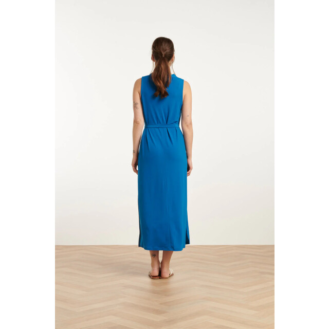 Smashed Lemon 25173 cobalt stretch midi jurk met v-hals | 25173-650-M large