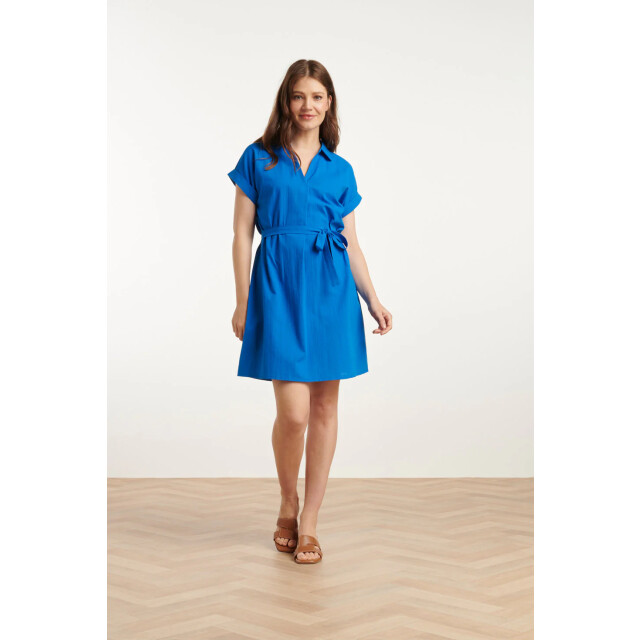 Smashed Lemon 25176 cobalt linnen jurk met kraag | 25176-650-3XL large