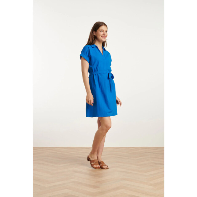 Smashed Lemon 25176 cobalt linnen jurk met kraag | 25176-650-3XL large