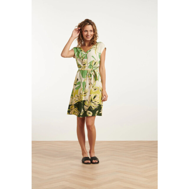 Smashed Lemon 25162 off white bladprint jurk met v-hals | army-light 25162-550-500 large