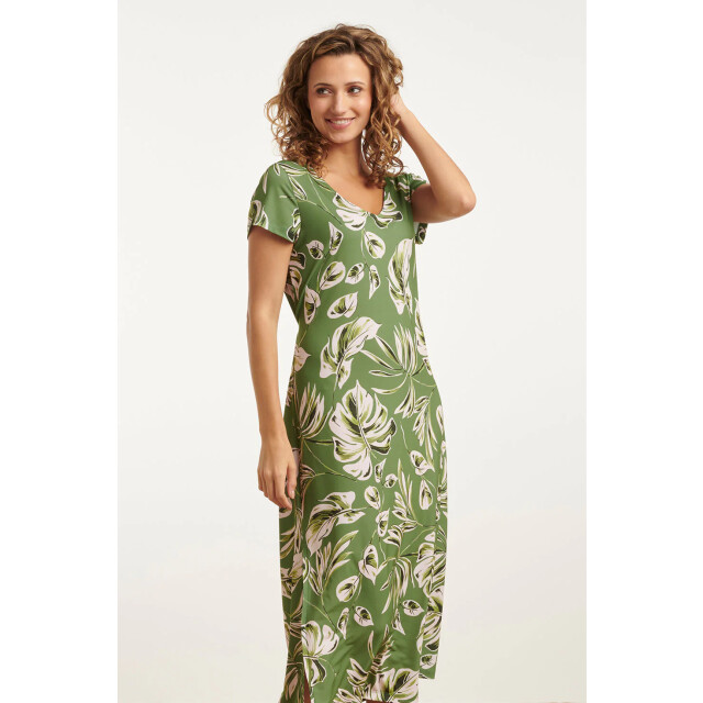 Smashed Lemon 25159 leaf print stretch midi jurk | 25159-550-500 large