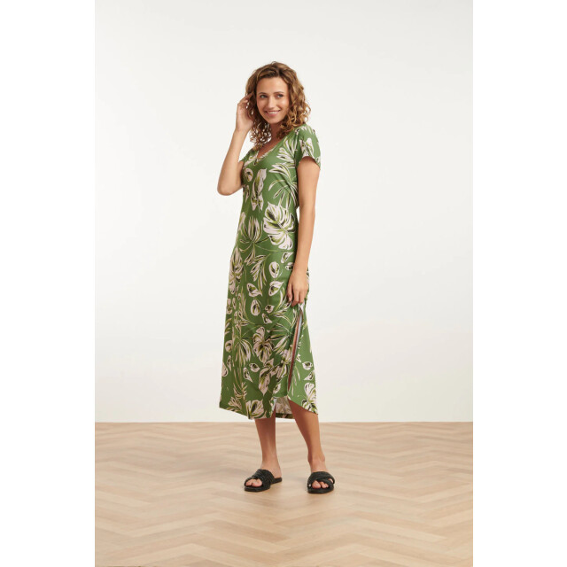 Smashed Lemon 25159 leaf print stretch midi jurk | 25159-550-500 large