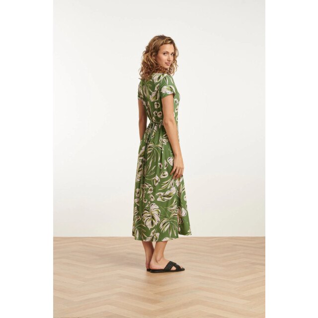 Smashed Lemon 25159 leaf print stretch midi jurk | 25159-550-500 large
