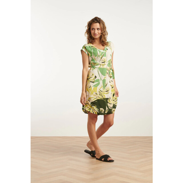 Smashed Lemon 25162 off white bladprint jurk met v-hals | army-light 25162-550-500 large
