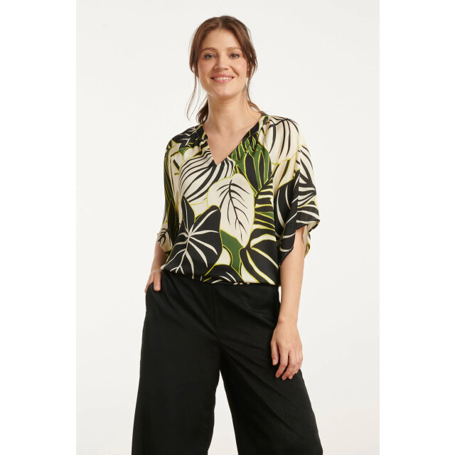 Smashed Lemon 25071 leaf print chiffon top met v-halsflared mouwen | 25071-530-998 large
