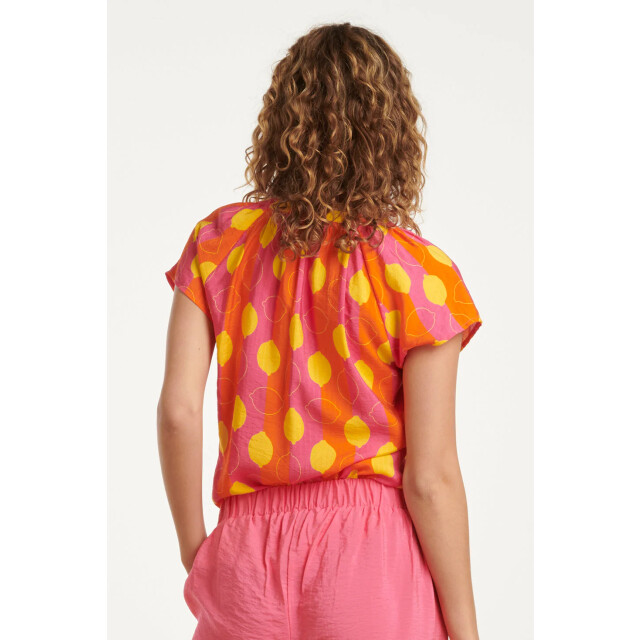 Smashed Lemon 25001 v-hals korte mouw top met citroenstrepen print | 25001-998-XXL large