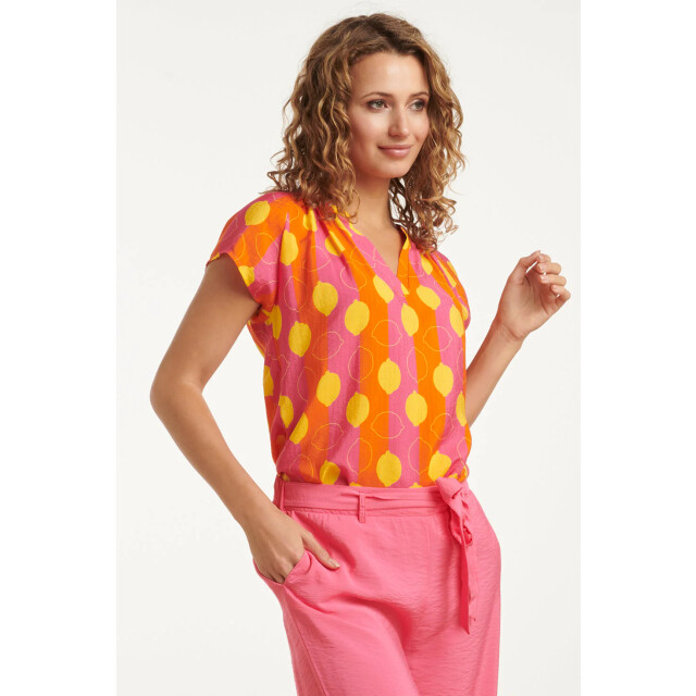 Smashed Lemon 25001 v-hals korte mouw top met citroenstrepen print | 25001-998-XXL large