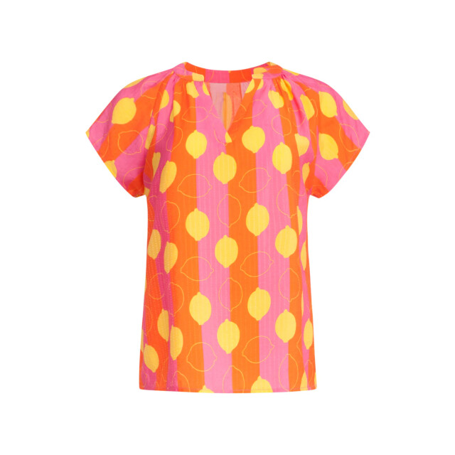 Smashed Lemon 25001 v-hals korte mouw top met citroenstrepen print | 25001-998-XXL large
