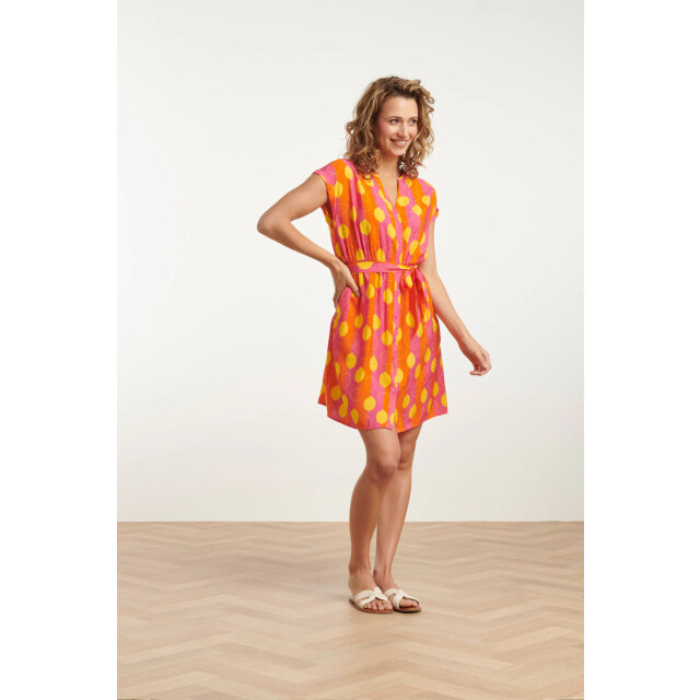 Smashed Lemon 25000 v-hals korte jurk met citroenstrepen print | 25000-998-3XL large