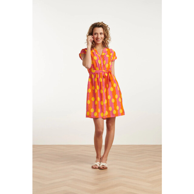 Smashed Lemon 25000 v-hals korte jurk met citroenstrepen print | 25000-998-3XL large