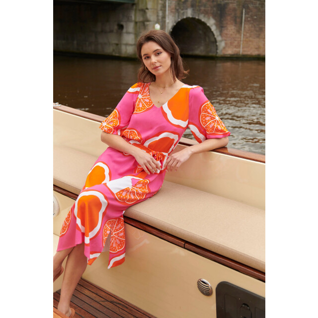 Smashed Lemon 25028 v-neck midi jurk met ballonmouwengrafisch 25028-420-998 large