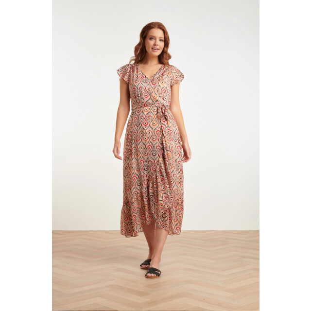 Smashed Lemon 24412 aardetinten satijnen wrap jurk met azteekse print 24412-998-L large