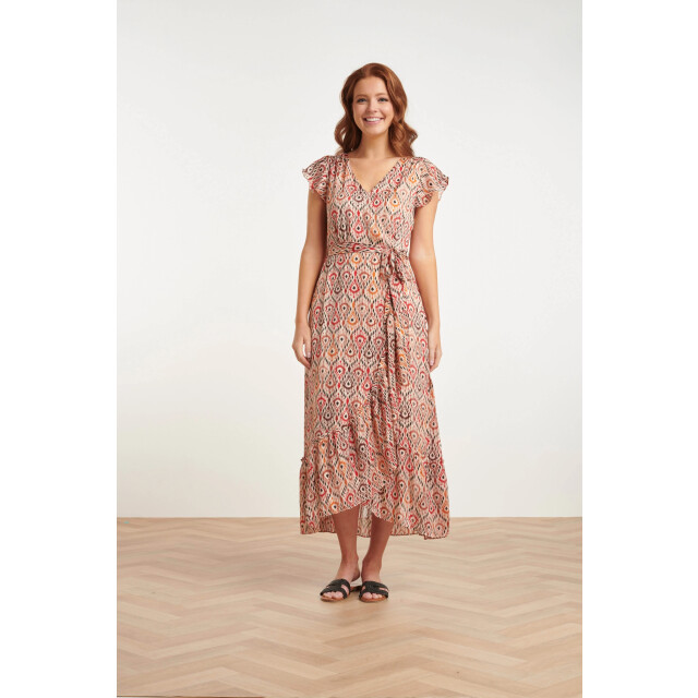 Smashed Lemon 24412 aardetinten satijnen wrap jurk met azteekse print 24412-998-L large