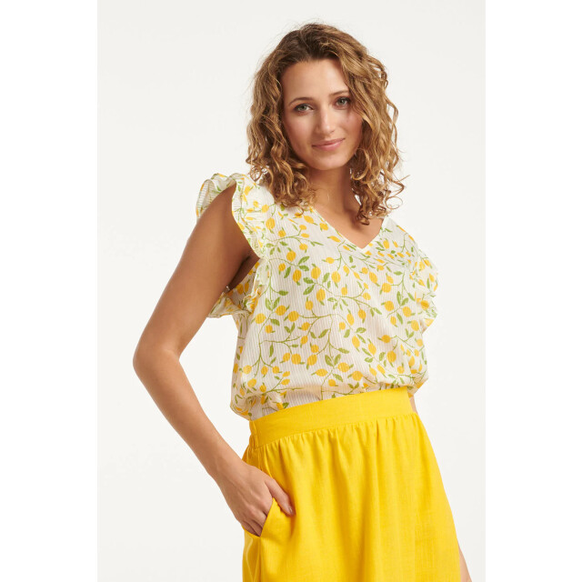 Smashed Lemon 25012 chiffon top met frilly mouwencitroenprint | 25012-000-998 large