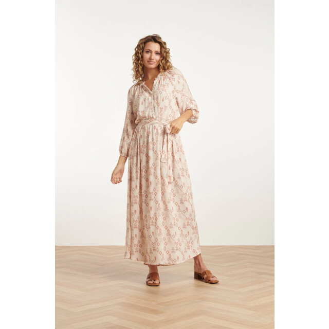 Smashed Lemon 25042 lichte maxi jurk met v-halsaztec print-nude tinten | 25042-720-998 large