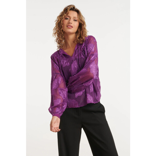 Smashed Lemon 24698 paarse chiffon jacquard v-hals top met bladmotief 24698-380-XXL large