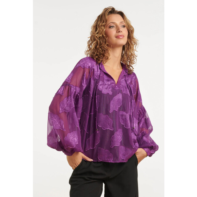 Smashed Lemon 24698 paarse chiffon jacquard v-hals top met bladmotief 24698-380-XXL large
