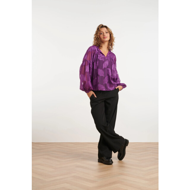 Smashed Lemon 24698 paarse chiffon jacquard v-hals top met bladmotief 24698-380-XXL large