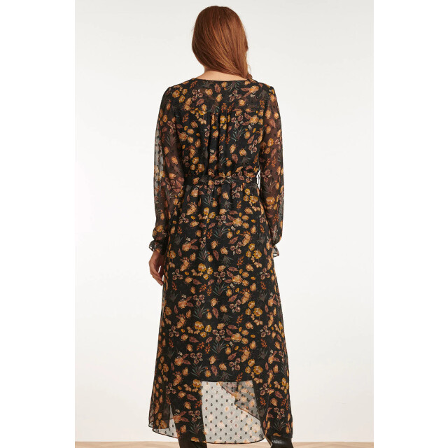 Smashed Lemon 23710-999-240 v-hals jurk met bloemenprint-mosterd | 23710-999-240 large