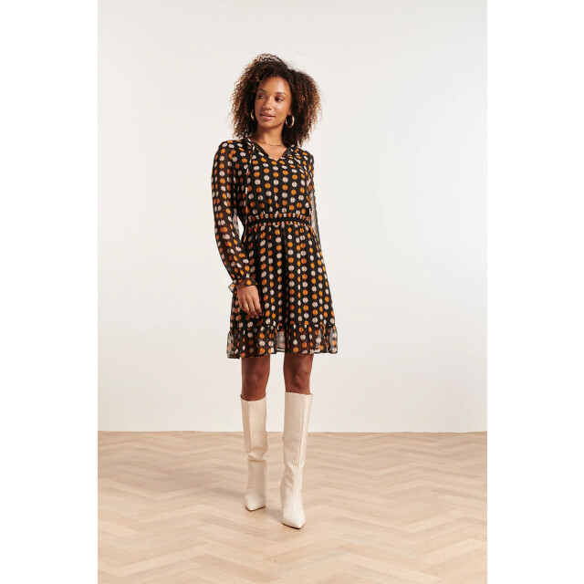Smashed Lemon 23803 cognac grafische print v-hals jurk | 23803-999-740 large