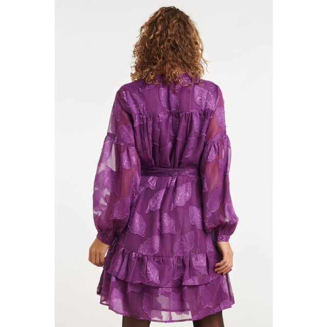 Smashed Lemon 24697 paarse chiffon jacquard v-hals jurk met bladmotief 24697-380-4XL large