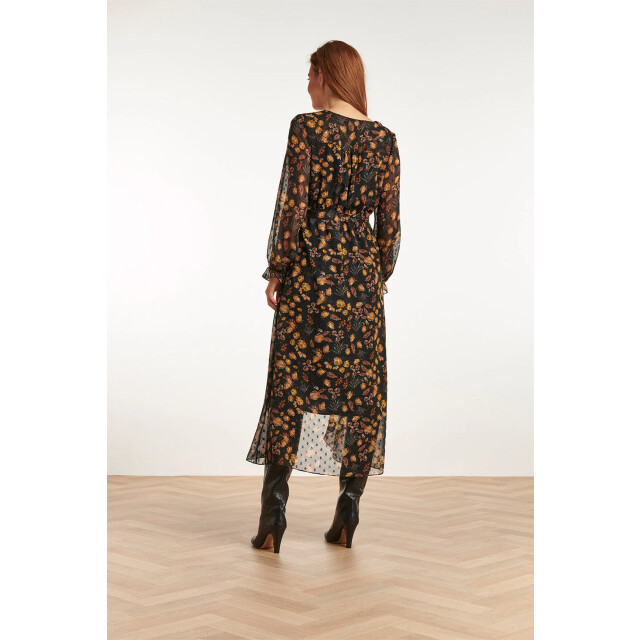 Smashed Lemon 23710-999-240 v-hals jurk met bloemenprint-mosterd | 23710-999-240 large