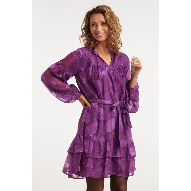 Smashed Lemon 24697 paarse chiffon jacquard v-hals jurk met bladmotief 24697-380-4XL large
